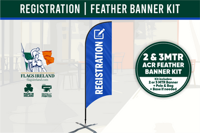 Registration feather banner kit with blue banner and green circle, featuring Flags Ireland logo.