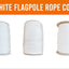 Three spools of white flagpole rope displayed side-by-side on a white background with an orange header that reads 'WHITE FLAGPOLE ROPE COIL'. A 'Flags Ireland' logo is visible in the bottom-left corner.