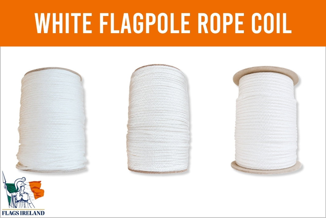 Three spools of white flagpole rope displayed side-by-side on a white background with an orange header that reads 'WHITE FLAGPOLE ROPE COIL'. A 'Flags Ireland' logo is visible in the bottom-left corner.