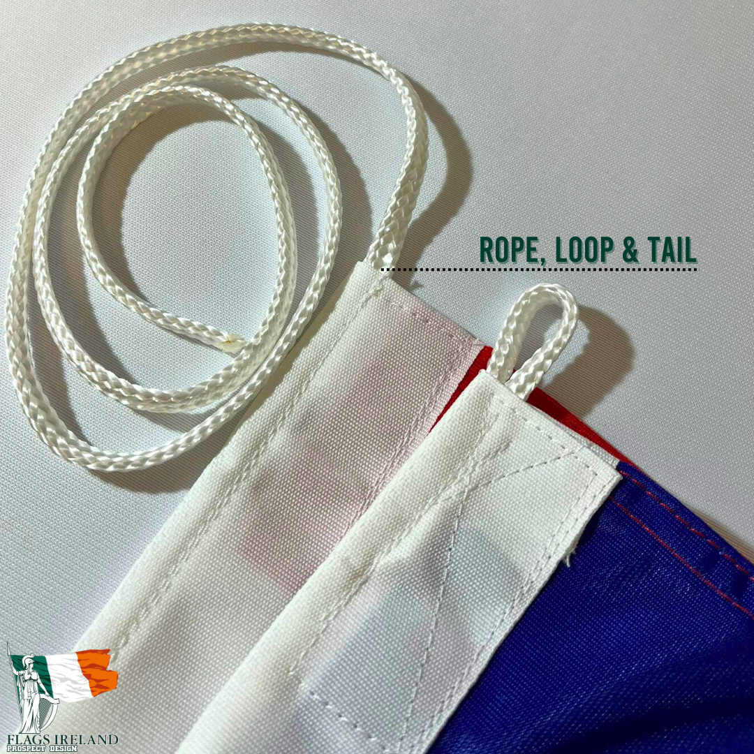Rope, loop & tail flag finish in a white tape pocket for flying from a flag pole.