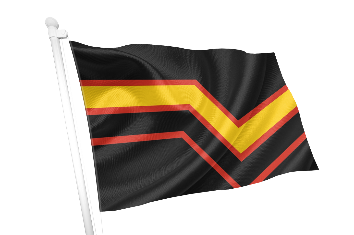 Rubber Pride Flag with black background and red and yellow chevron pattern on a white background