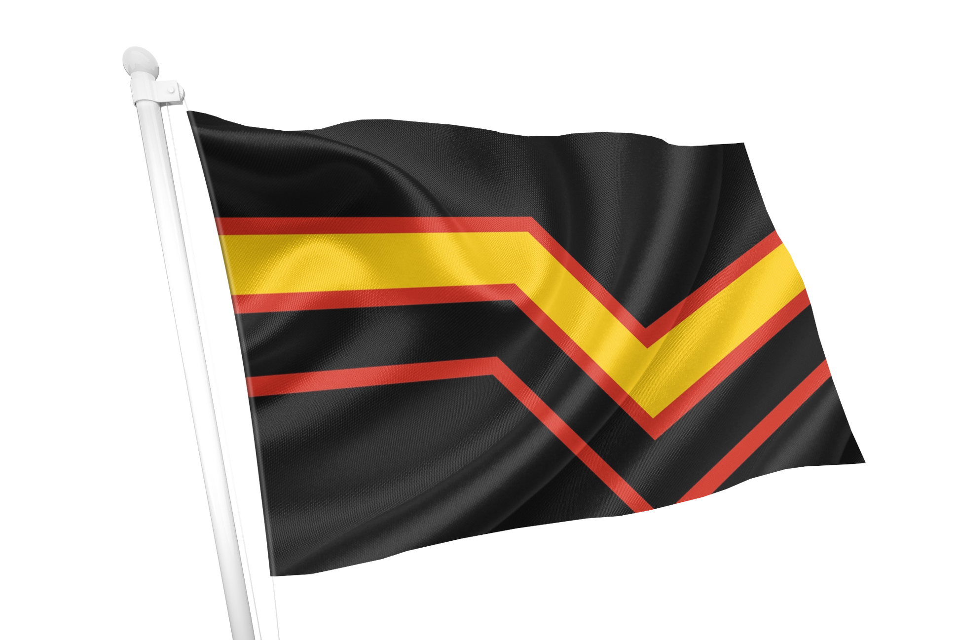 Rubber Pride Flag with black background and red and yellow chevron pattern on a white background