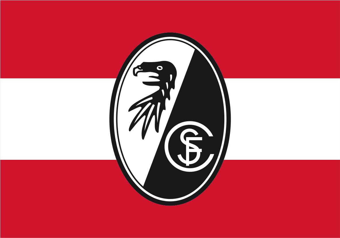 SC Freiburg Flag. A red, white, and black flag design with a central oval emblem featuring a black eagle head on a white side and a black-and-white split circle with the letters S and C on the other side.