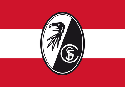 SC Freiburg Flag. A red, white, and black flag design with a central oval emblem featuring a black eagle head on a white side and a black-and-white split circle with the letters S and C on the other side.