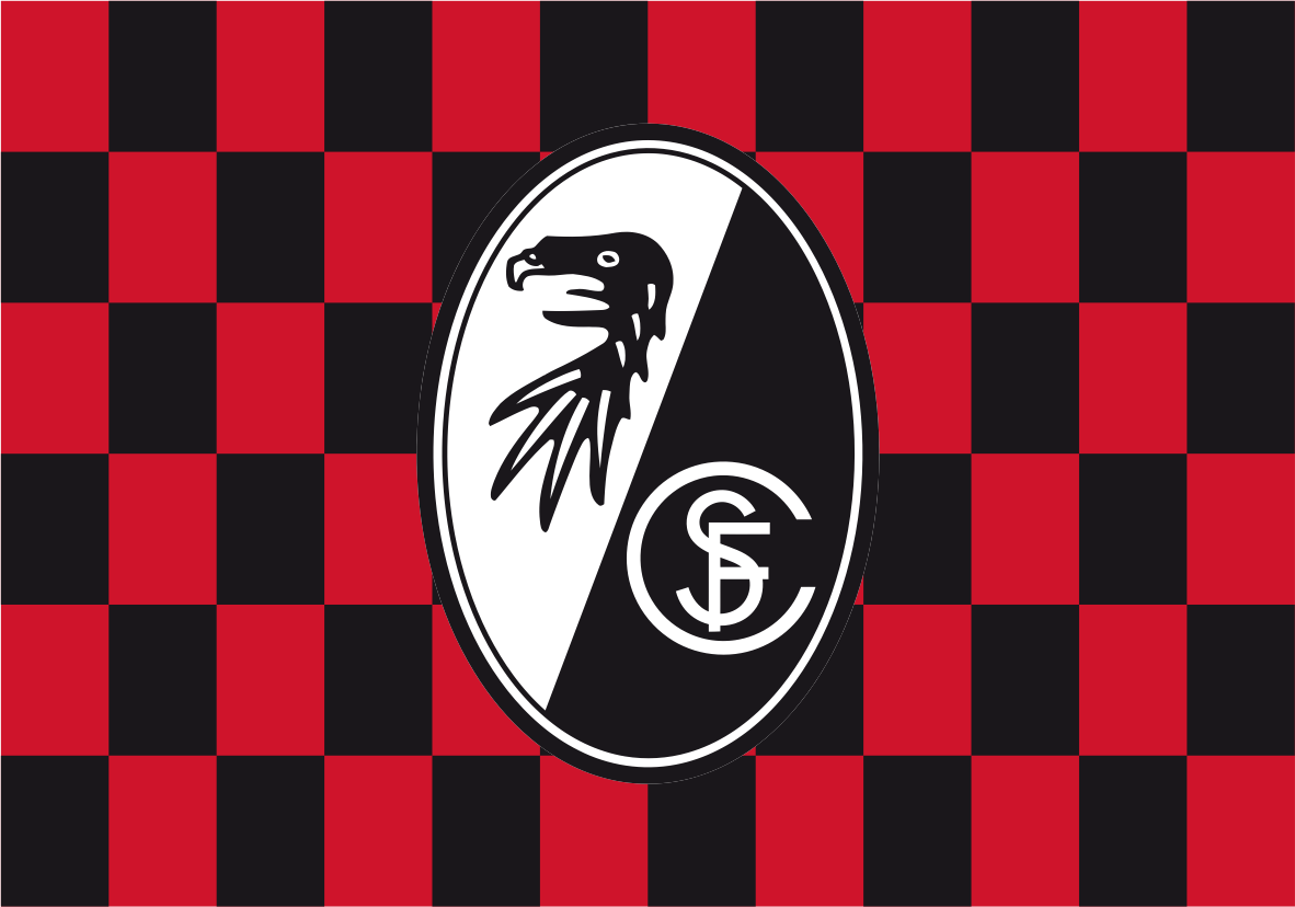 SC Freiburg Chequered Flag club crest centered on a red and black checkered background.