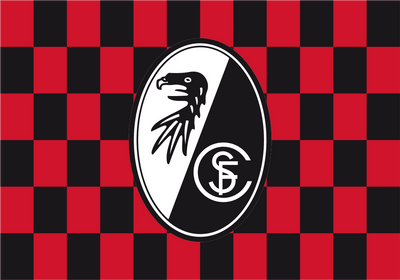 SC Freiburg Chequered Flag club crest centered on a red and black checkered background.