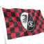 SC Freiburg Chequered Flag club crest centered on a red and black checkered background. waiving flag