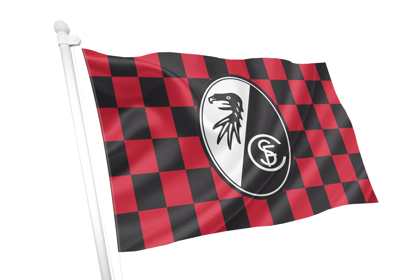 SC Freiburg Chequered Flag club crest centered on a red and black checkered background. waiving flag