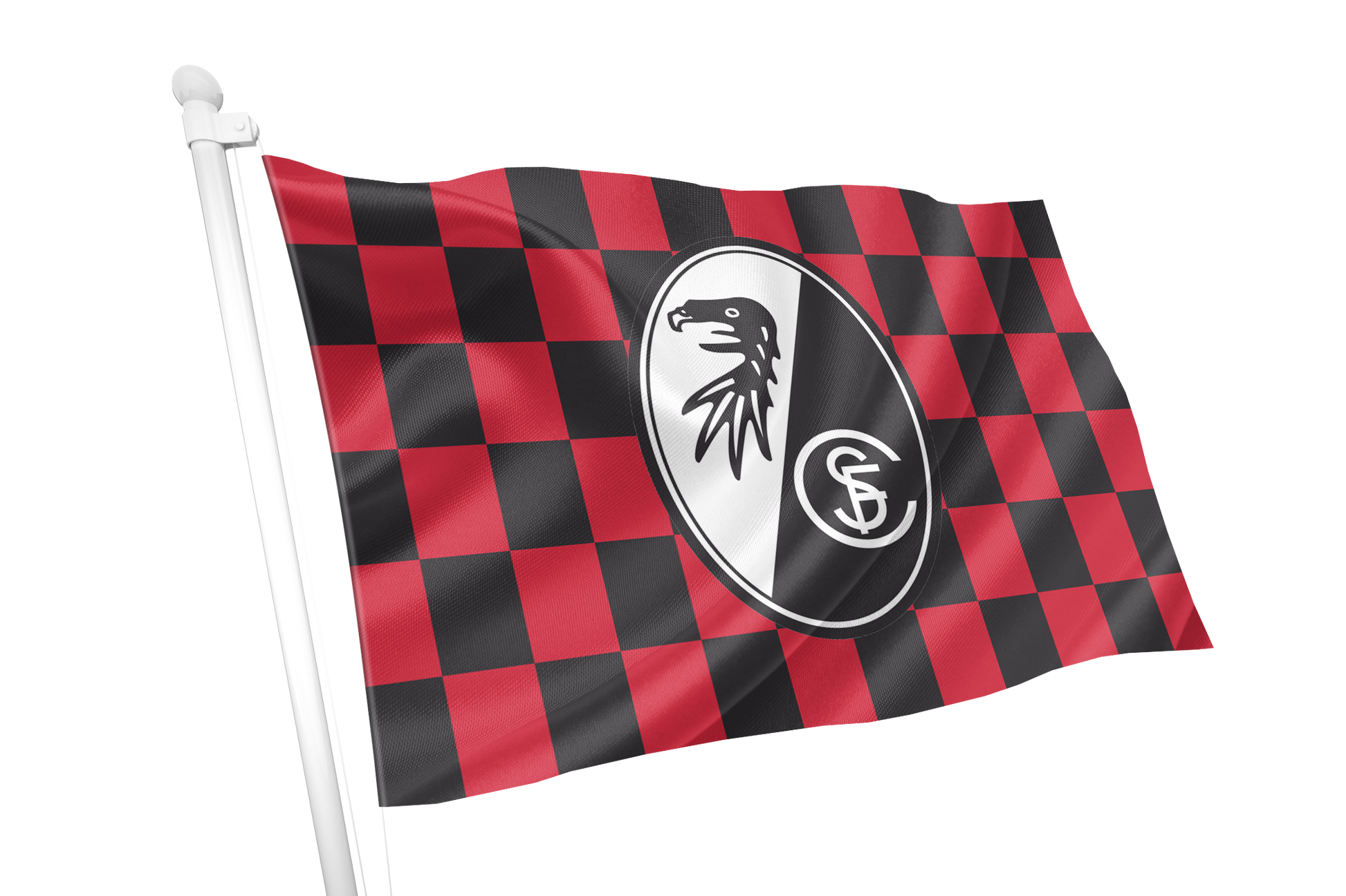SC Freiburg Chequered Flag club crest centered on a red and black checkered background. waiving flag