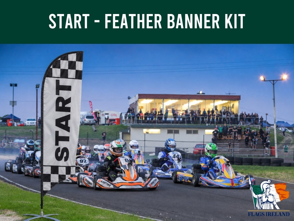 Go-kart race with 'START' feather banner and Flags Ireland logo.