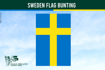 Swedish flag bunting with a blue background and yellow cross, branded by Flags Ireland.