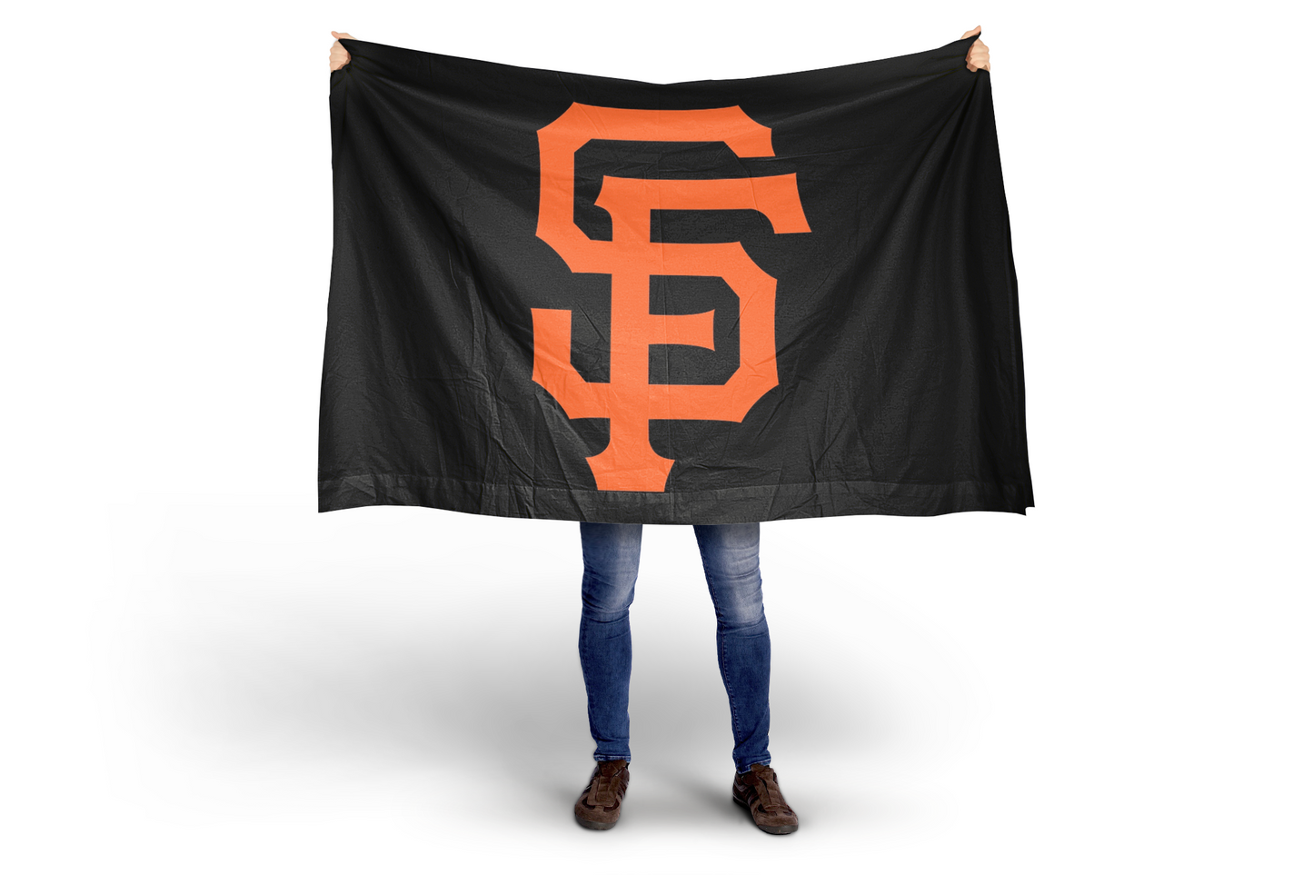 Person holding a black flag with an orange 'SF' logo on a white background