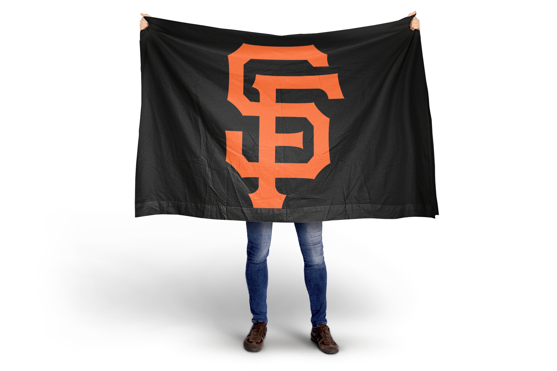 Person holding a black flag with an orange 'SF' logo on a white background
