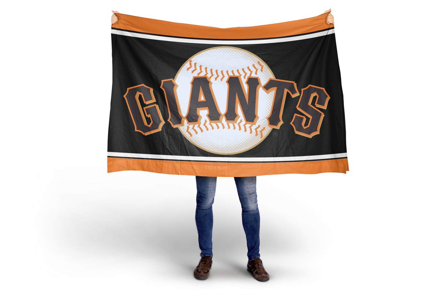 Person holding a Giants baseball flag on a white background