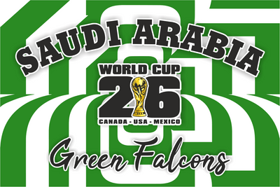 Promotional graphic for Saudi Arabia's participation in the World Cup 2026 with green and white stripes.