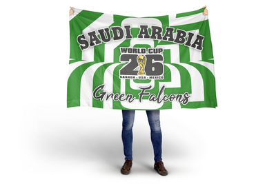 Person holding a green and white flag with 'Saudi Arabia World Cup 2026 Green Falcons' text on a white background