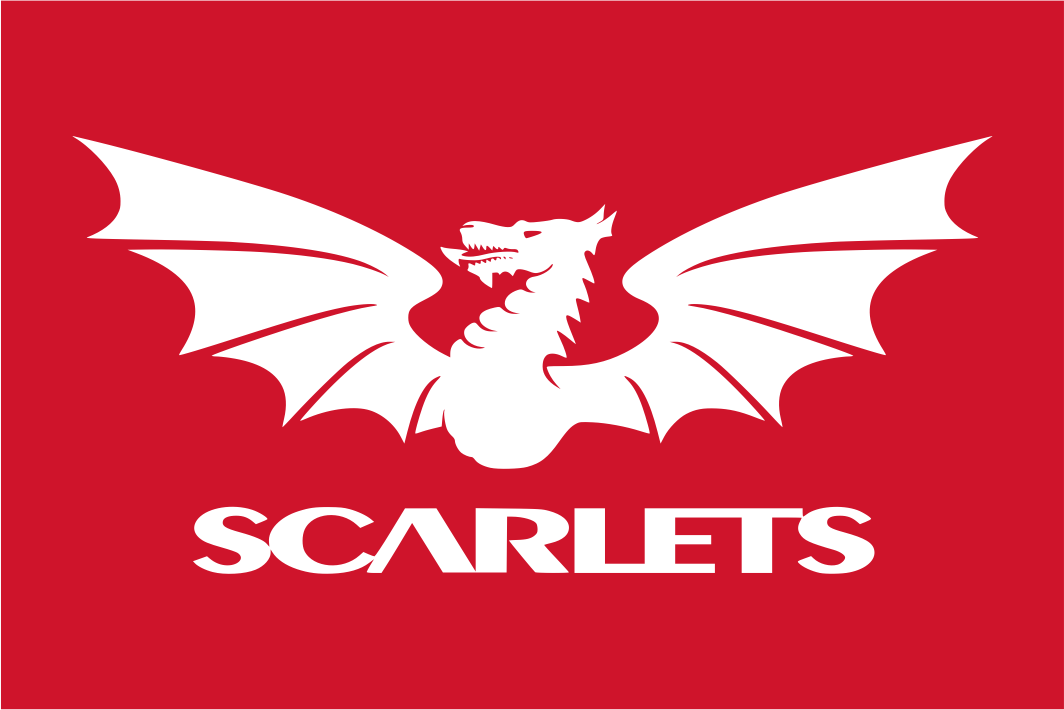 White dragon logo with 'Scarlets' text on a red background