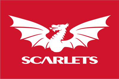 White dragon logo with 'Scarlets' text on a red background