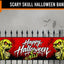 A Halloween-themed fence banner featuring two yellow zombie faces on the sides and white dripping text reading 'Happy Halloween' on a red background, shown hanging in front of a black metal fence with a spooky house and bats in the background.