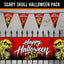 Halloween party decoration set featuring a large red banner with two zombie faces and 'Happy Halloween' text, plus matching red triangular bunting flags with skull graphics, displayed against a black fence on a gray background.