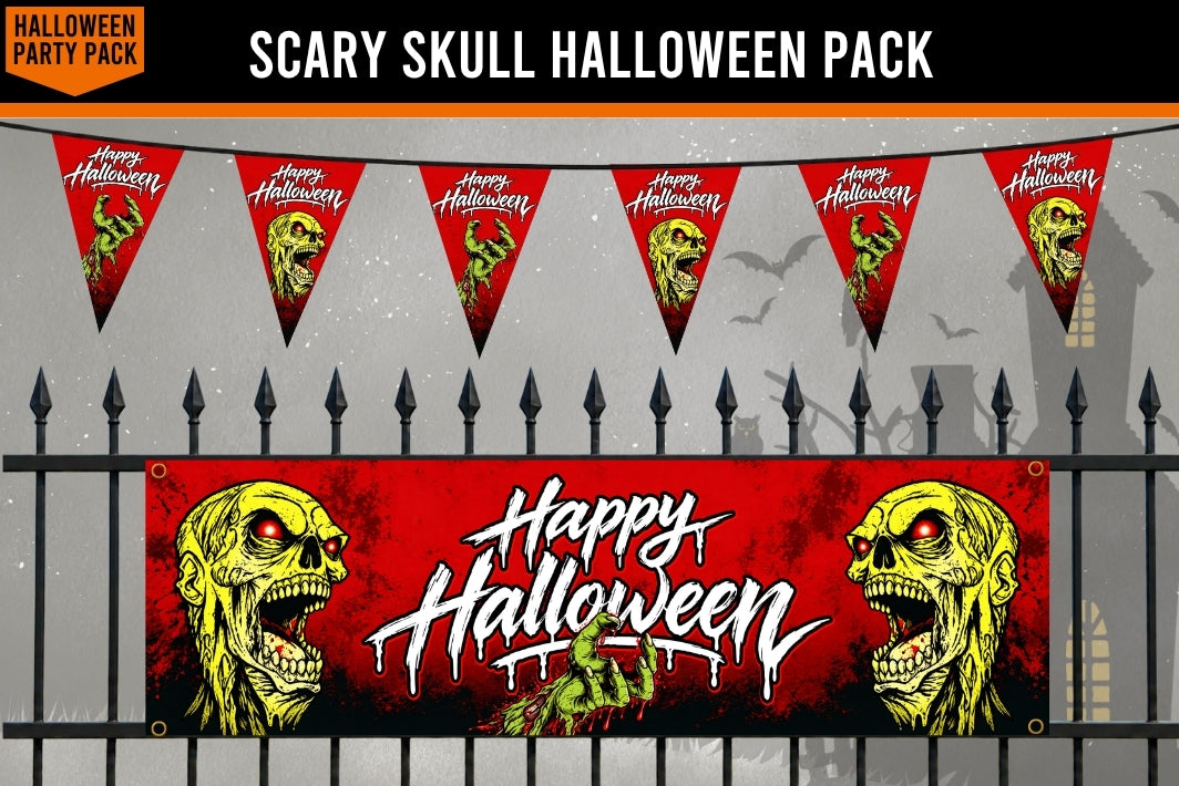 Halloween party decoration set featuring a large red banner with two zombie faces and 'Happy Halloween' text, plus matching red triangular bunting flags with skull graphics, displayed against a black fence on a gray background.