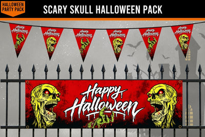 Halloween party decoration set featuring a large red banner with two zombie faces and 'Happy Halloween' text, plus matching red triangular bunting flags with skull graphics, displayed against a black fence on a gray background.