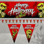 Halloween banner and bunting set featuring red backgrounds, zombie illustrations, and 'Happy Halloween' text. The set includes a wide rectangular banner at the top and two triangular pennant flags below, shown on a gray spooky backdrop with a haunted house silhouette.