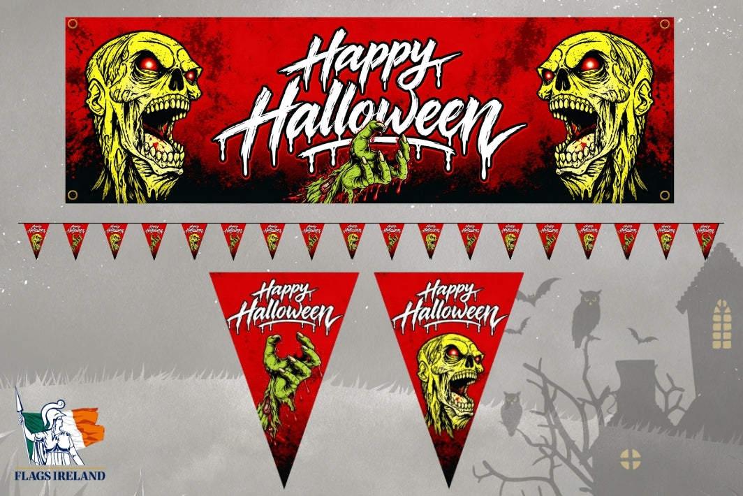 Halloween banner and bunting set featuring red backgrounds, zombie illustrations, and 'Happy Halloween' text. The set includes a wide rectangular banner at the top and two triangular pennant flags below, shown on a gray spooky backdrop with a haunted house silhouette.