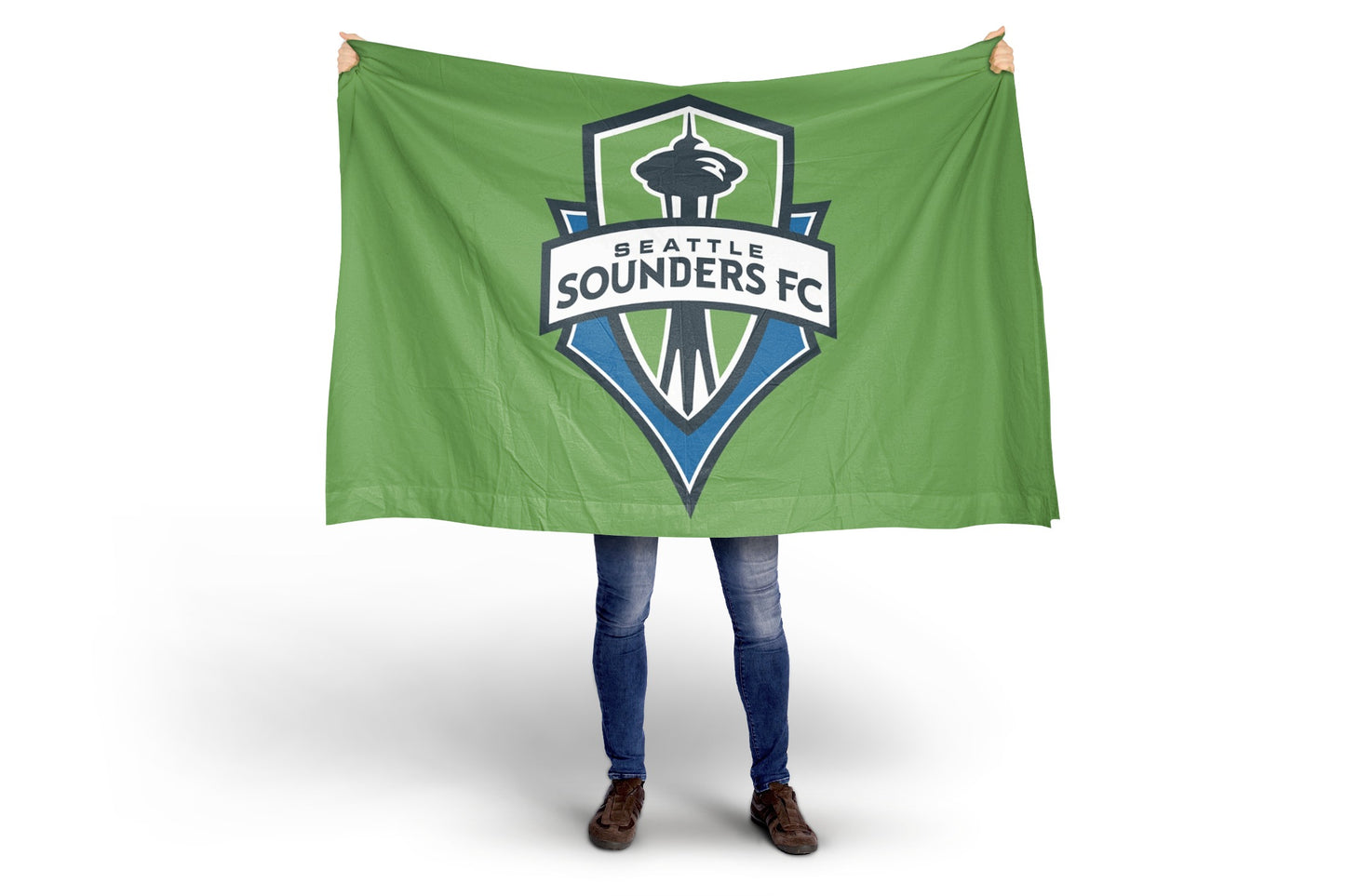 Person holding a green Seattle Sounders FC flag against a white background