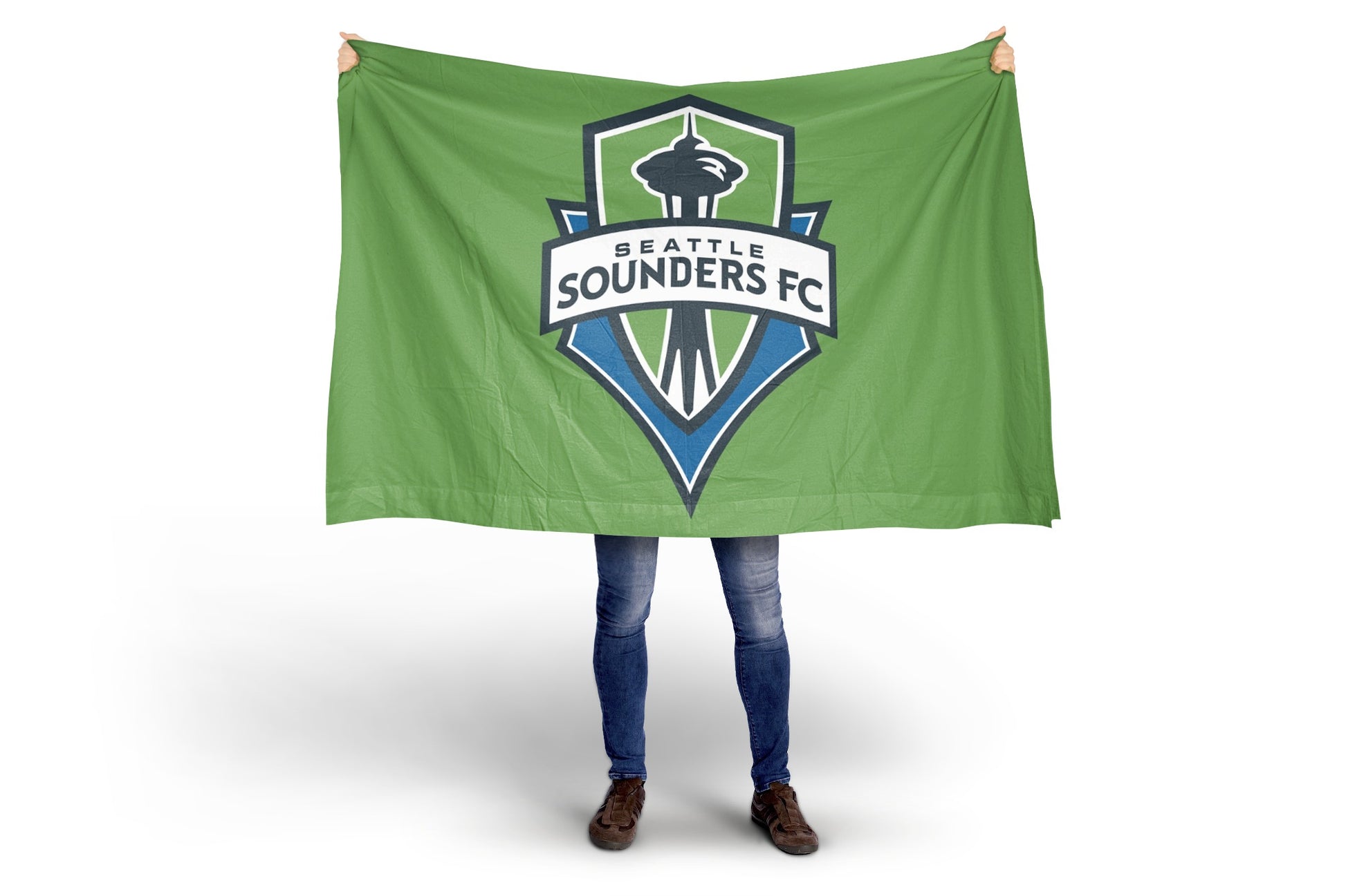 Person holding a green Seattle Sounders FC flag against a white background