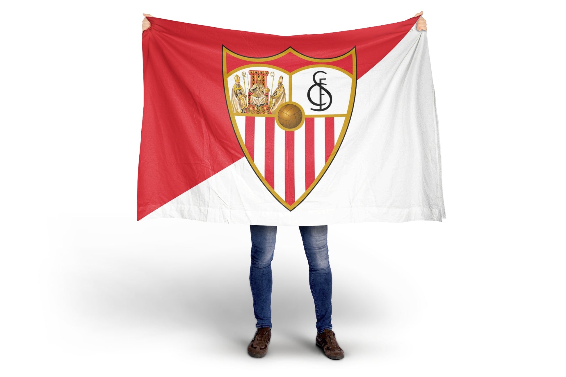 Person holding a Sevilla FC red and white flag with a prominent emblem on a white background
