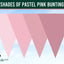 A graphic showing three overlapping pastel pink bunting pennants against a light blue sky background, with a dark green banner at the top reading 'SHADES OF PASTEL PINK BUNTING' and a 'Flags Ireland' logo in the lower left.