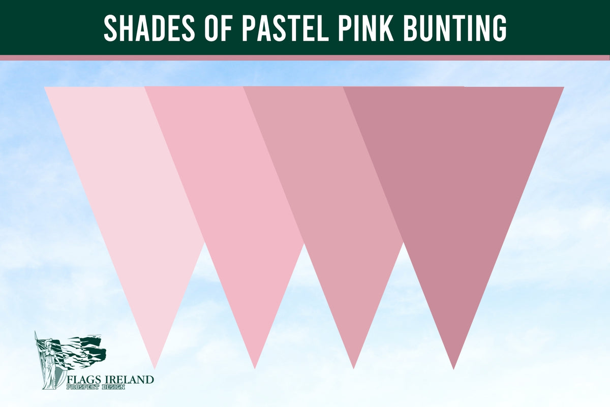 A graphic showing three overlapping pastel pink bunting pennants against a light blue sky background, with a dark green banner at the top reading 'SHADES OF PASTEL PINK BUNTING' and a 'Flags Ireland' logo in the lower left.