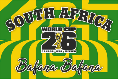 Promotional graphic for South Africa's participation in the 2026 World Cup with green and yellow stripes.