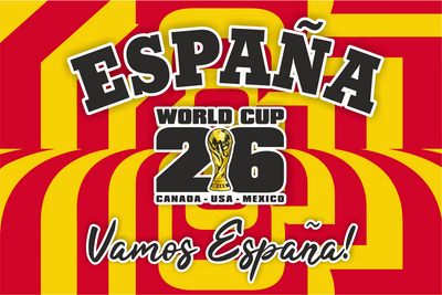 Promotional graphic for Spain's participation in the 2026 World Cup with red and yellow stripes.