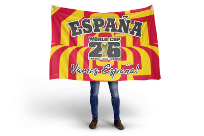 Person holding a large flag with 'España' and World Cup 2026 text on a white background