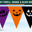 Halloween bunting banner with three triangular pennants in purple, orange, and black, each printed with a jack-o'-lantern face. A dark green header at the top reads 'SPOOKY PURPLE, ORANGE & BLACK BUNTING' and a small 'Flags Ireland' logo appears in the lower left on a pale sky-blue background.