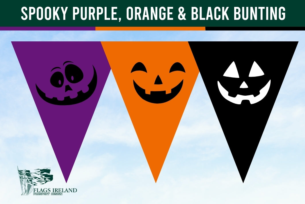 Halloween bunting banner with three triangular pennants in purple, orange, and black, each printed with a jack-o'-lantern face. A dark green header at the top reads 'SPOOKY PURPLE, ORANGE & BLACK BUNTING' and a small 'Flags Ireland' logo appears in the lower left on a pale sky-blue background.