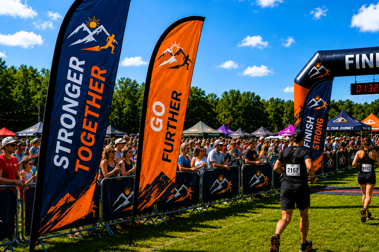 Runners approaching a finish line with motivational banners and a crowd watching.
