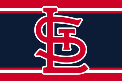St. Louis Cardinals logo on a red and blue striped background