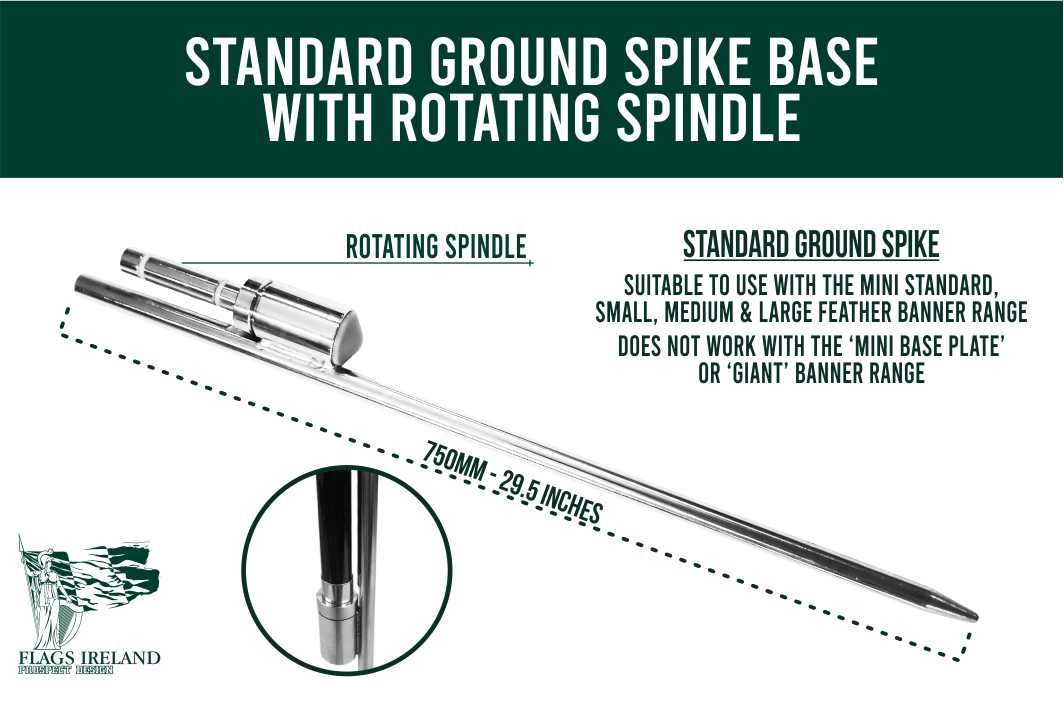 The Standard Ground Spike Base with Rotary Spindle is an easy spike base that can be hammered into ground, offering a secure and simple way to display your feather banner.