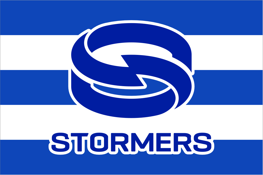 Flag with 'Stormers' logo and blue and white stripes