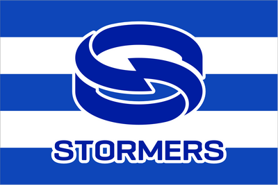 Flag with 'Stormers' logo and blue and white stripes