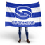 Person holding a flag with 'Stormers' logo and colors on a white background