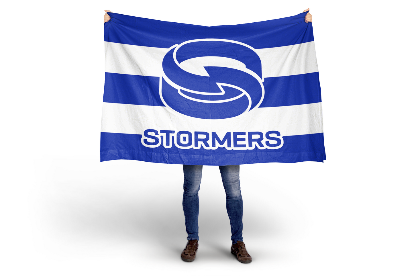 Person holding a flag with 'Stormers' logo and colors on a white background