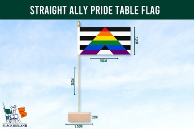 Straight Ally Pride table flag with dimensions on a blue background