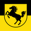 Stuttgart Flag. A yellow and black flag design with a central black shield containing a black rearing horse silhouette.