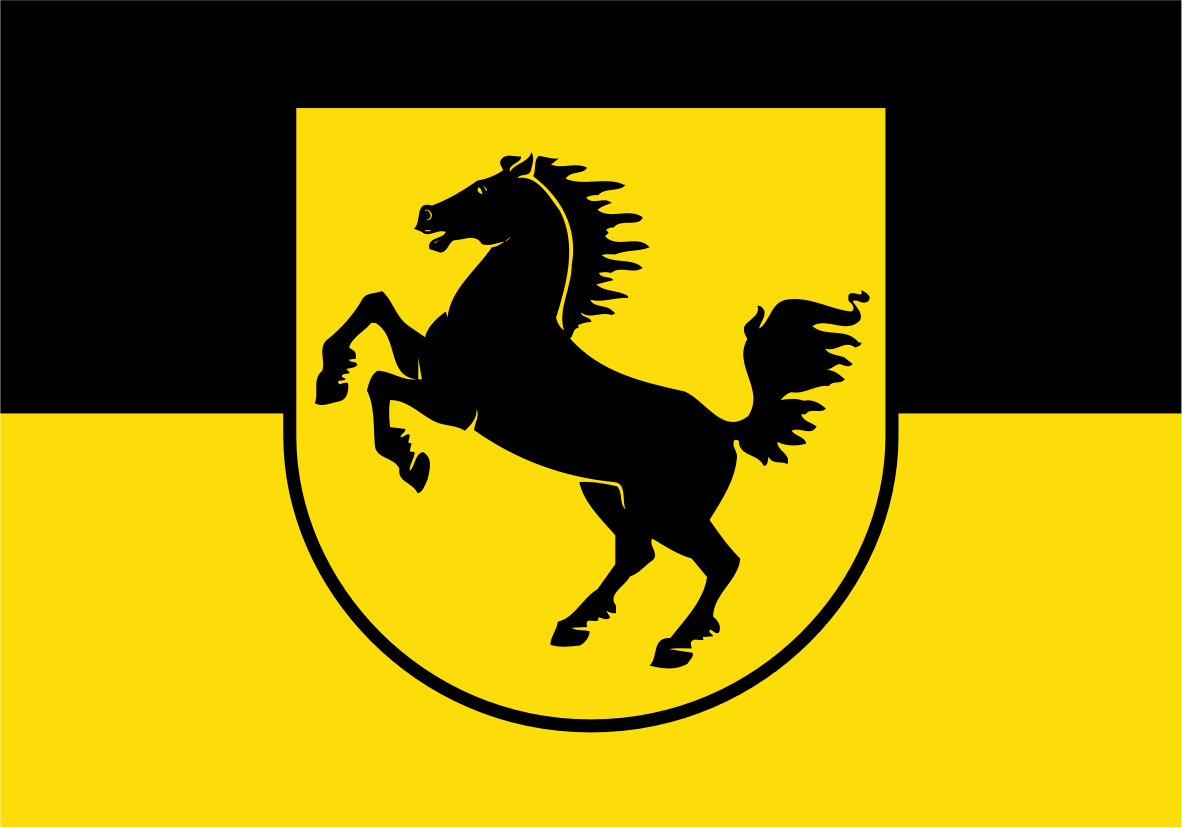 Stuttgart Flag. A yellow and black flag design with a central black shield containing a black rearing horse silhouette.