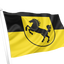 Stuttgart Flag. A yellow and black flag with a black horse emblem inside a circle, attached to a white flagpole on a plain white background.