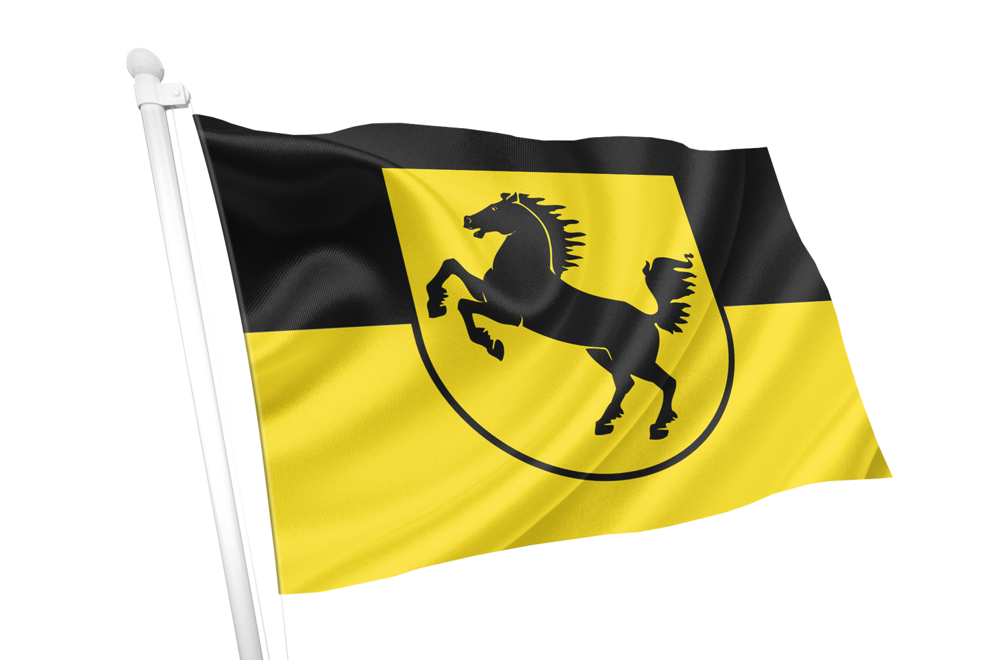 Stuttgart Flag. A yellow and black flag with a black horse emblem inside a circle, attached to a white flagpole on a plain white background.